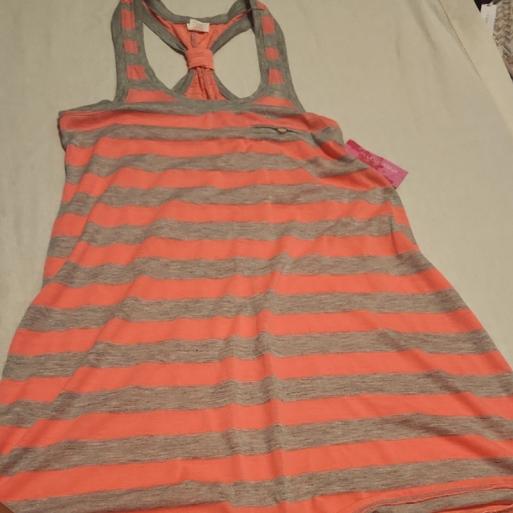 Xhilaration Coral/Pink and Gray Striped Swim Top